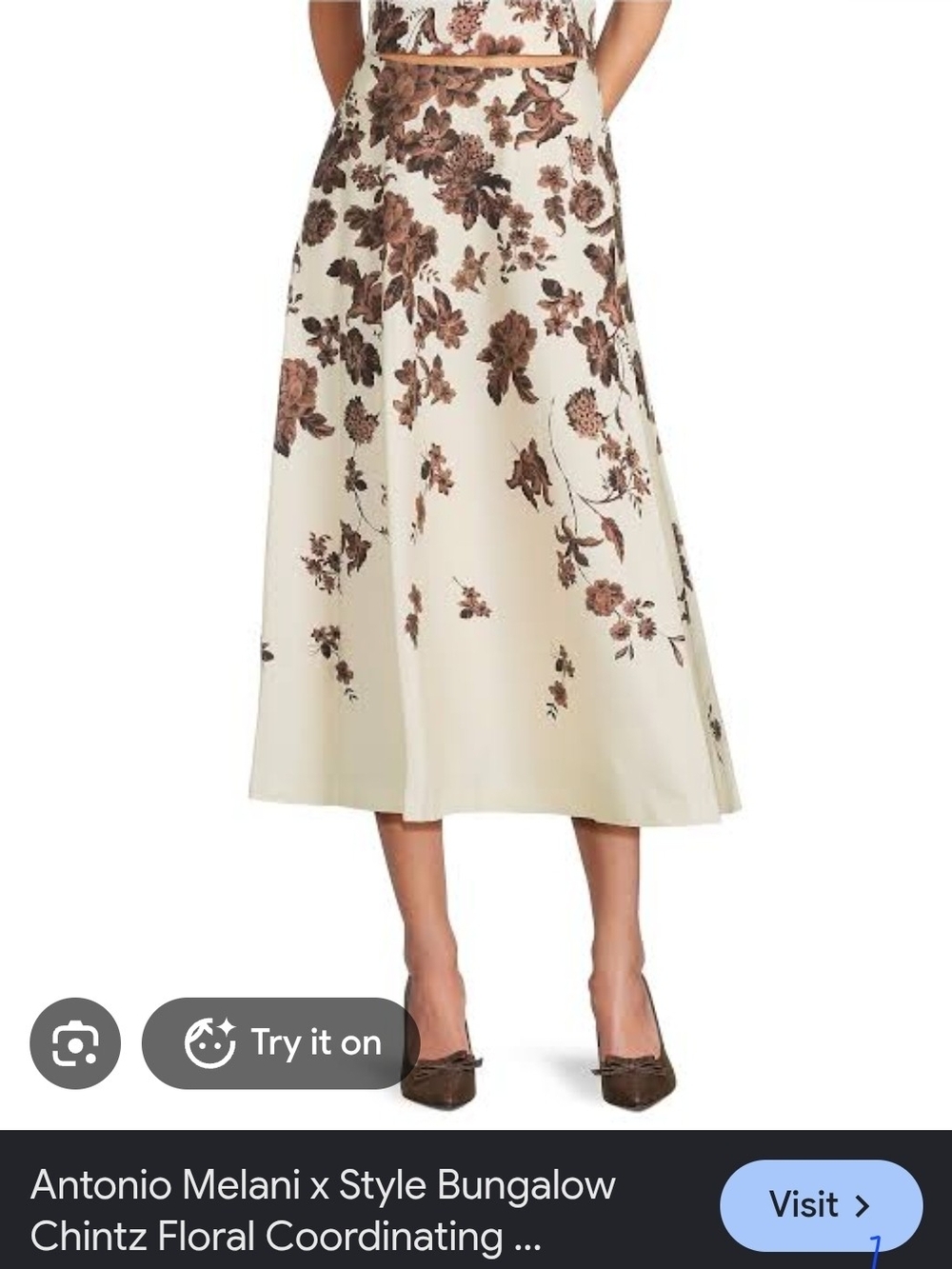 ISO Size 12, 14, Or 16 !!ANTONIO MELANI Cream Midi Skirt with Brown Floral Print